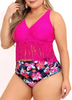 Plus Size Floral Print High Waist Tassel Bikini Set 10 Plus Size Floral Print High Waist Tassel Bikini Set -Rosewe Promotion Store 290680 P 16403401488622