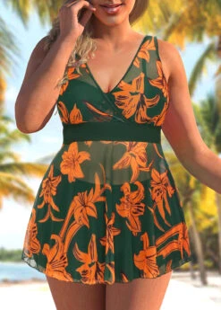 Olive Green Floral Print Plus Size Swimdress And Shorts