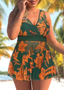 Olive Green Floral Print Plus Size Swimdress And Shorts -Rosewe Promotion Store 290702 P 1657102343485
