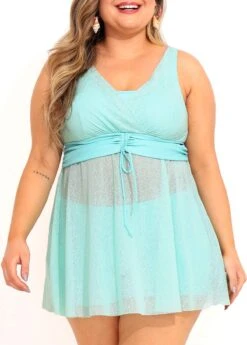 Cyan Plus Size Drawstring Detail Swimdress And Shorts