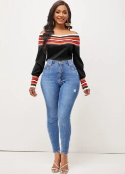 Off Shoulder Black Long Sleeve Stripe Blouse -Rosewe Promotion Store 290838 P 16421495870703