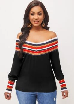 Off Shoulder Black Long Sleeve Stripe Blouse -Rosewe Promotion Store 290838 P 16421495875872