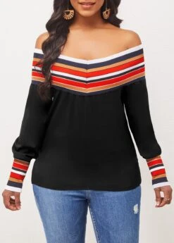 Off Shoulder Black Long Sleeve Stripe Blouse