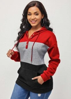 Contrast Kangaroo Pocket Drawstring Red Hoodie -Rosewe Promotion Store 290989 P 1636599935443