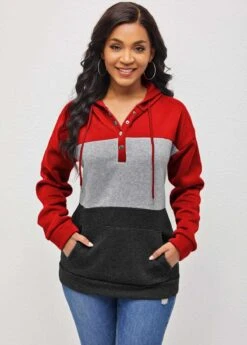 Contrast Kangaroo Pocket Drawstring Red Hoodie -Rosewe Promotion Store 290989 P 1636599935761