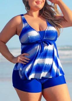 Ombre Print Bowknot Plus Size Royal Blue Tankini Set -Rosewe Promotion Store 291038 P 16407670073632