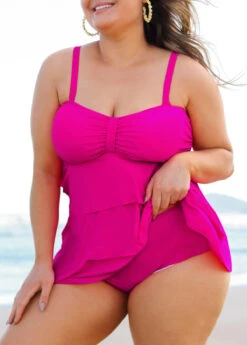 Hot Pink Layered Hem Plus Size Tankini Set -Rosewe Promotion Store 291042 P 16408607583363
