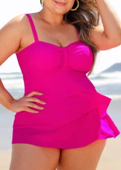 Hot Pink Layered Hem Plus Size Tankini Set -Rosewe Promotion Store 291042 P 16408607584904