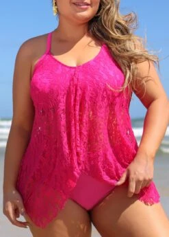 Lace Plus Size Hot Pink Tankini Set 10 Lace Plus Size Hot Pink Tankini Set -Rosewe Promotion Store 291155 P 16408604871743