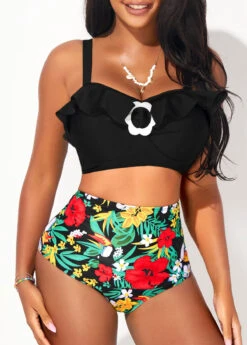 Flounce Floral Print High Waist Decorative Ring Bikini Set