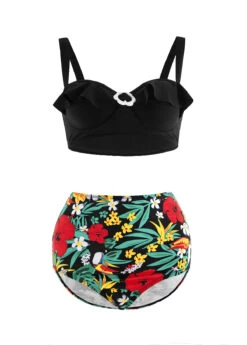 Flounce Floral Print High Waist Decorative Ring Bikini Set -Rosewe Promotion Store 291207 P 16970145476355
