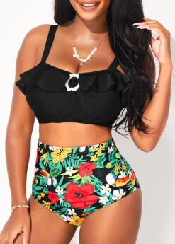 Flounce Floral Print High Waist Decorative Ring Bikini Set -Rosewe Promotion Store 291207 P 16970145477434