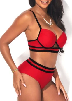 Mid Waist Deep Red Webbing Bikini Set -Rosewe Promotion Store 291210 P 16413520762553