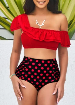 Polka Dot Red High Waist Flounce Smocked Bikini Set