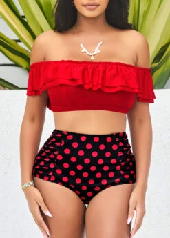 Polka Dot Red High Waist Flounce Smocked Bikini Set -Rosewe Promotion Store 291211 P 16466490779013