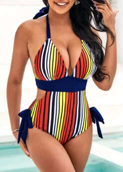 Halter Striped Bowknot Side One Piece Swimwear
