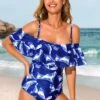 Leaf Print Navy Blue Flounce One Piece Swimwear -Rosewe Promotion Store 291303 P 16393954798600