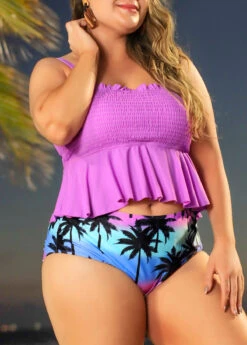 Plus Size Smocked Tropical Print Bikini Set 9 Plus Size Smocked Tropical Print Bikini Set -Rosewe Promotion Store 291433 P 16408604128292