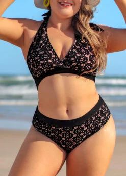 Black Plus Size Lace Mid Waist Bikini Set