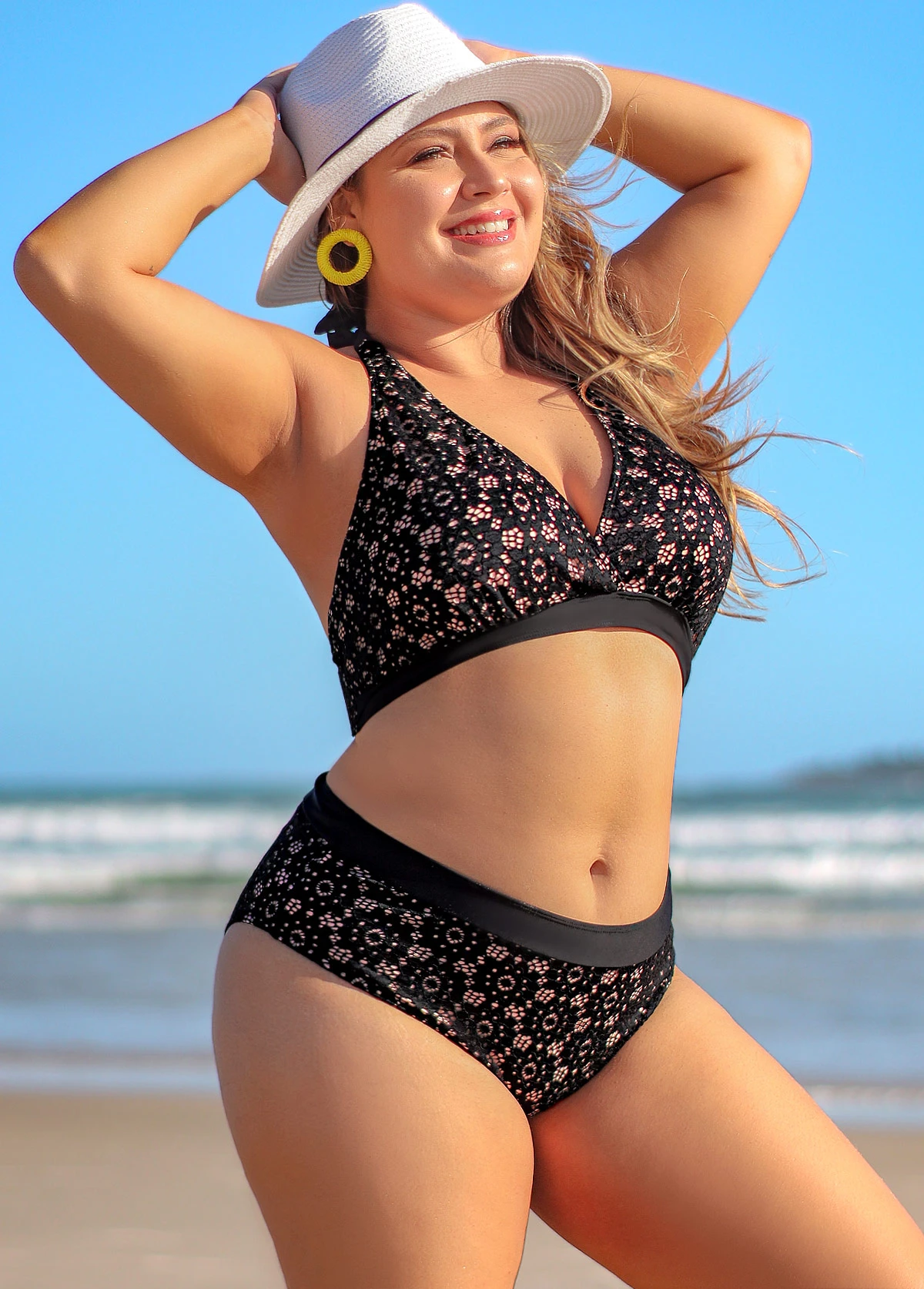 Black Plus Size Lace Mid Waist Bikini Set 7 Black Plus Size Lace Mid Waist Bikini Set - Image 5