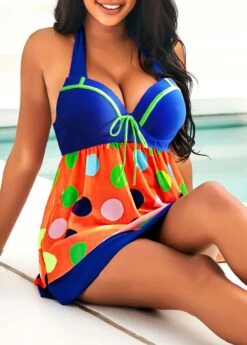 Polka Dot Bowknot Halter Rainbow Color Swimdress And Pantskirt -Rosewe Promotion Store 291485 P 16427291700923