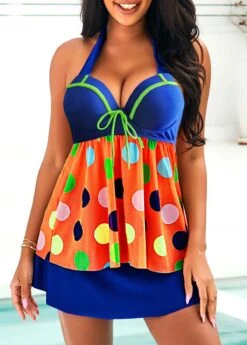 Polka Dot Bowknot Halter Rainbow Color Swimdress And Pantskirt -Rosewe Promotion Store 291485 P 16427291700964