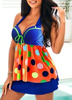 Polka Dot Bowknot Halter Rainbow Color Swimdress And Pantskirt -Rosewe Promotion Store 291485 P 16427291706212