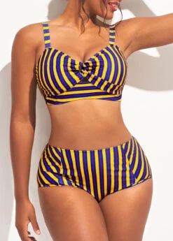 High Waist Cross Front Cutout Striped Bikini Set