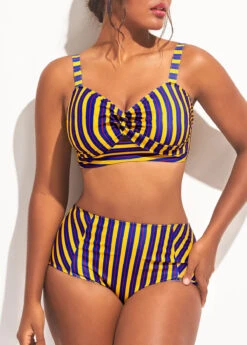 High Waist Cross Front Cutout Striped Bikini Set -Rosewe Promotion Store 291494 P 16970151924272