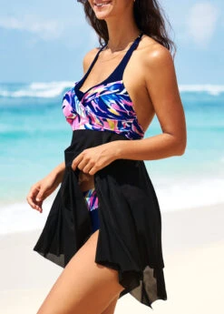 Floral Print Asymmetric Hem Black Swimdress And Panty -Rosewe Promotion Store 291523 P 16408512183772
