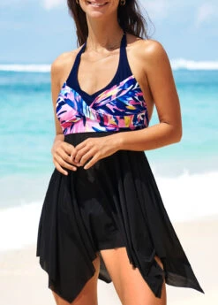 Floral Print Asymmetric Hem Black Swimdress And Panty -Rosewe Promotion Store 291523 P 16408512188583