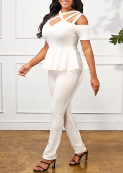 Cage Neck Flounce Cold Shoulder White Jumpsuit -Rosewe Promotion Store 291639 P 16399819270402