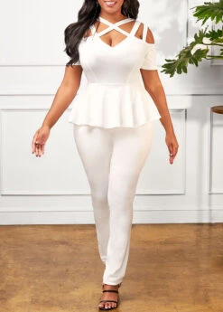 Cage Neck Flounce Cold Shoulder White Jumpsuit