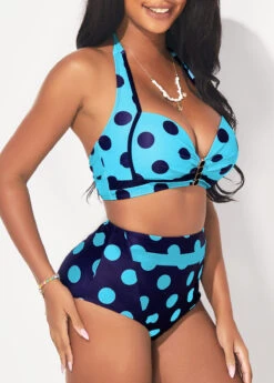 Polka Dot Sky Blue High Waisted Bikini Set -Rosewe Promotion Store 291678 P 16431904255792