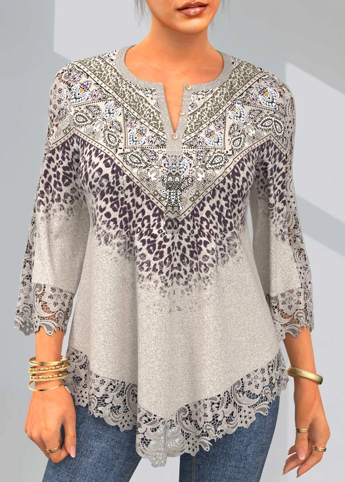 Leopard Split Neck Lace Stitching Light Khaki T Shirt 3 Leopard Split Neck Lace Stitching Light Khaki T Shirt