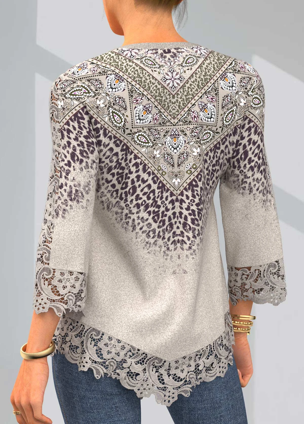 Leopard Split Neck Lace Stitching Light Khaki T Shirt 4 Leopard Split Neck Lace Stitching Light Khaki T Shirt - Image 2