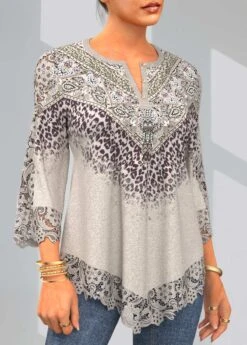 Leopard Split Neck Lace Stitching Light Khaki T Shirt 7 Leopard Split Neck Lace Stitching Light Khaki T Shirt -Rosewe Promotion Store 291975 P 1638342813879