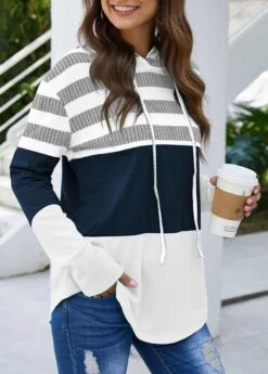 Drawstring Stripe Print White Long Sleeve Hoodie -Rosewe Promotion Store 291990 P 1662362123127