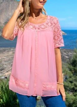 Pink Lace Patchwork Round Neck Blouse -Rosewe Promotion Store 292220 P 16448386231532