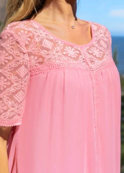 Pink Lace Patchwork Round Neck Blouse -Rosewe Promotion Store 292220 P 16448386233214