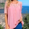 Pink Lace Patchwork Round Neck Blouse 2 Pink Lace Patchwork Round Neck Blouse -Rosewe Promotion Store 292220 P 16448386234273
