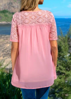 Pink Lace Patchwork Round Neck Blouse -Rosewe Promotion Store 292220 P 16448386239161