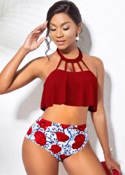 Cage Neck Red High Waisted Bikini Set