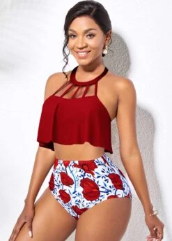 Cage Neck Red High Waisted Bikini Set -Rosewe Promotion Store 292431 P 1646355847356