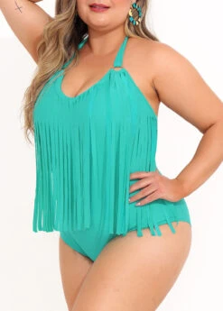 Cyan Tassel Plus Size Halter One Piece Swimwear -Rosewe Promotion Store 292435 P 16412853287042