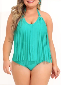 Cyan Tassel Plus Size Halter One Piece Swimwear -Rosewe Promotion Store 292435 P 16412853287243