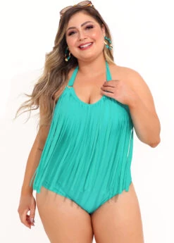 Cyan Tassel Plus Size Halter One Piece Swimwear -Rosewe Promotion Store 292435 P 16412853289745