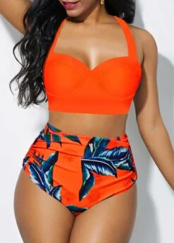 Orange High Waisted Tropical Print Bikini Set
