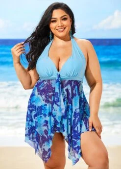 Plus Size Butterfly Print Light Blue Swimdress And Shorts -Rosewe Promotion Store 292483 P 16445742224394