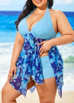 Plus Size Butterfly Print Light Blue Swimdress And Shorts -Rosewe Promotion Store 292483 P 16445742225542